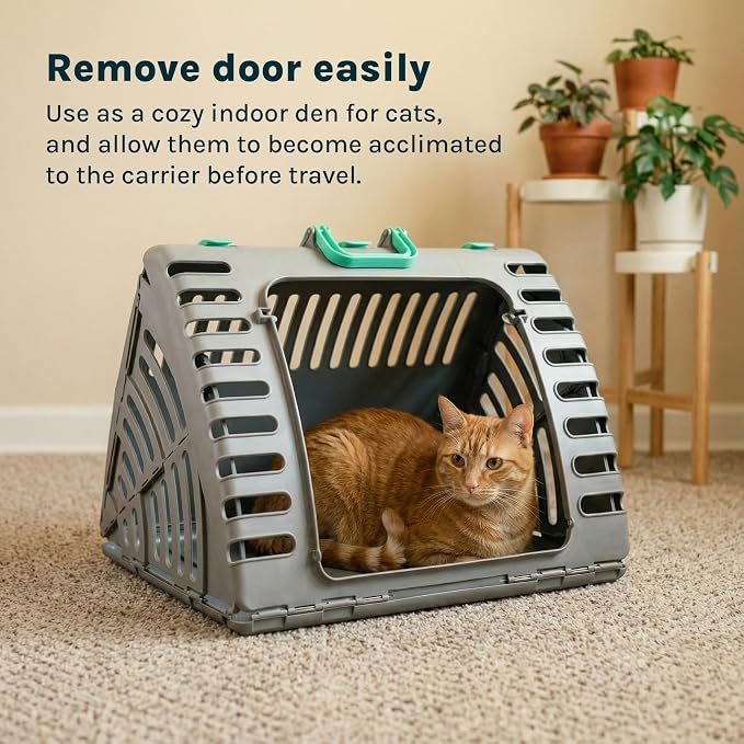 SportPet Large Hard-Sided Travel Cat Carrier - Cat Carrier with Patented Wide Side-Opening Door, Foldable Portable Pet Carrier with Removable Bed for Cats & Small Pets up to 25lbs - Gray