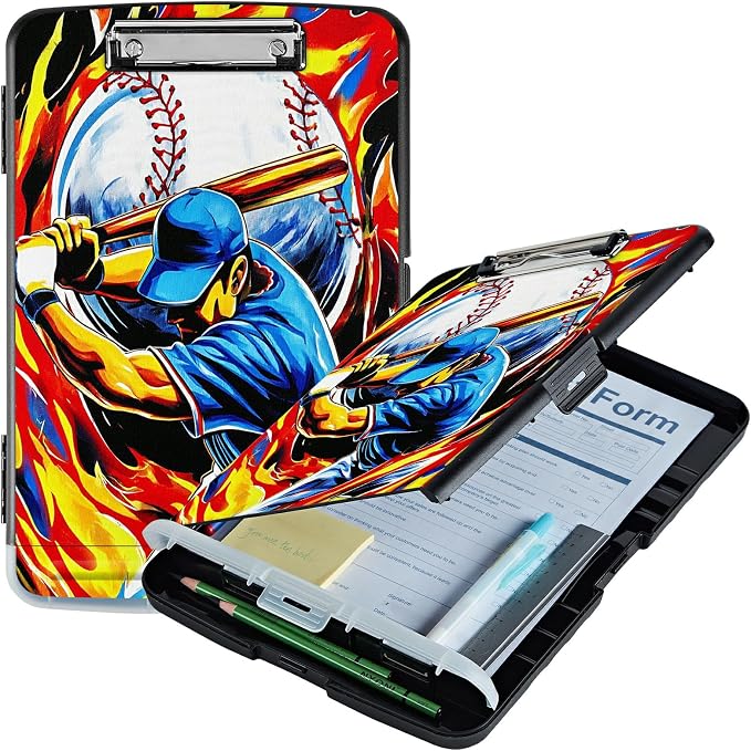 A4 Clipboard with Storage Pen Holder, Clipboards Organizer Nursing Clipboard Foldable File Folder Plastic Clipboard Folio Clip Board for Office Work Classroom Doctor, Baseball Man