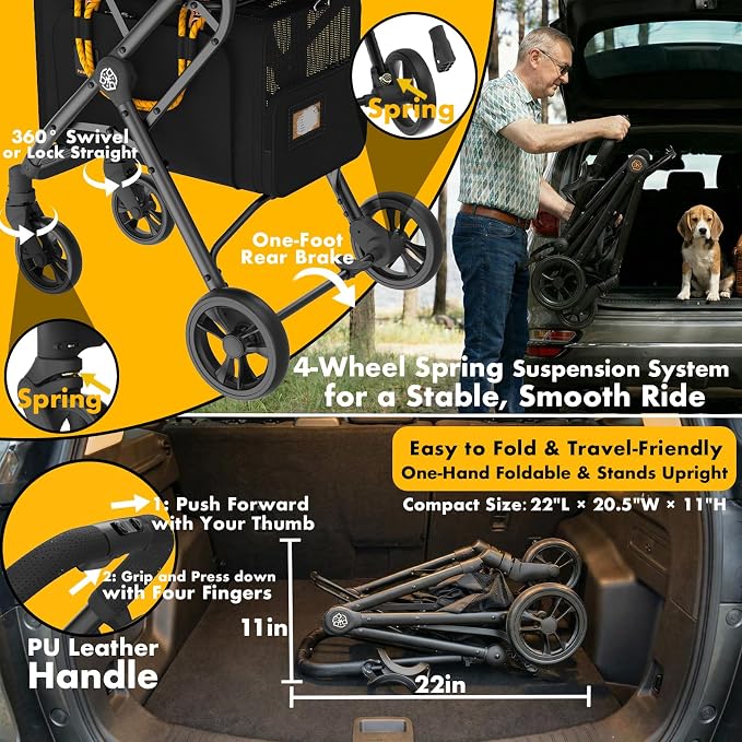 PAWZIDEA Double Pet Stroller with 2 Detachable Carrier, Multifunctional | Portable Travel Crate & Car Seat Combo & TSA-Approved Expandable Carrier, Foldable Jogger Stroller for 2–4 Cats or Small Dogs