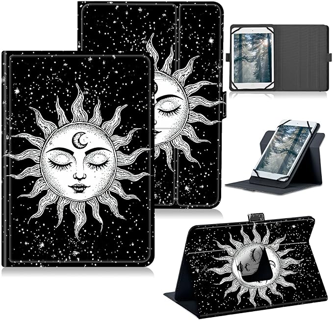 Universal Tablet Case for T-Mobile Revvl Tab 2 10.1" 2025/Revvl Tab 5G 10.36" 2023, 360 Degree Rotating Kickstand Protective Stand PU Leather Shell Cover for 9"-10.5", White Moon Sun