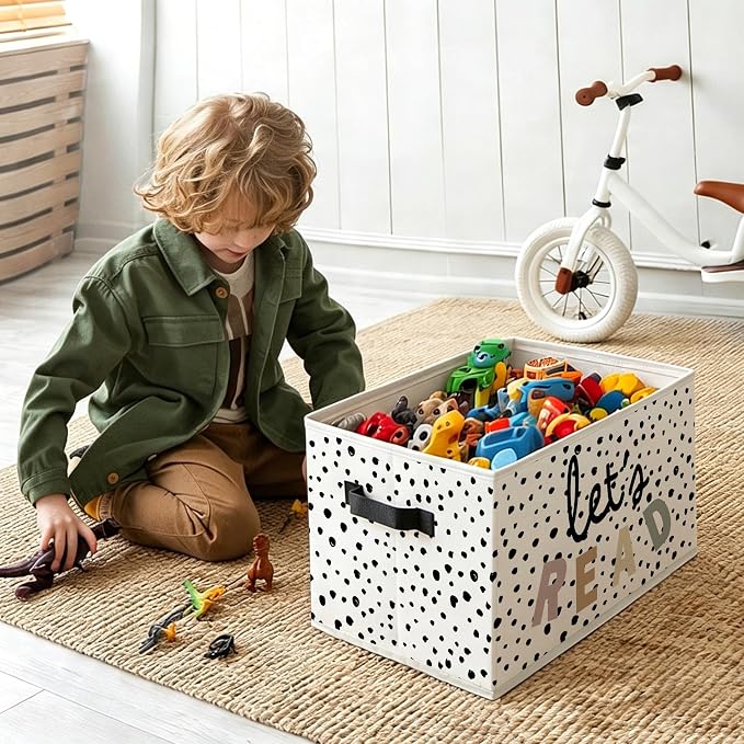 Boho Nursery Book Foldable Storage Bins Box with Handles, Let's Read Classroom Decorative Storage Boxes Baskets Toybox Organizer for Reading Nook Corner Room Home Library Kids Bedroom