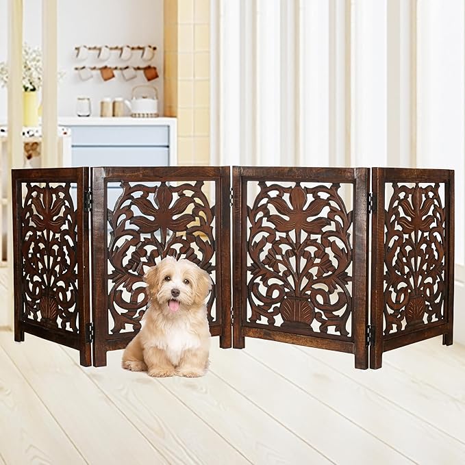 Lightnpro 4-Panel Wooden Dog Gate – 72 Inch Extra-Wide Foldable Freestanding Pet Barrier, Rustic Burnt Finish Indoor Safety Fence for Small Dogs & Puppies – 24x18 Inch Panels