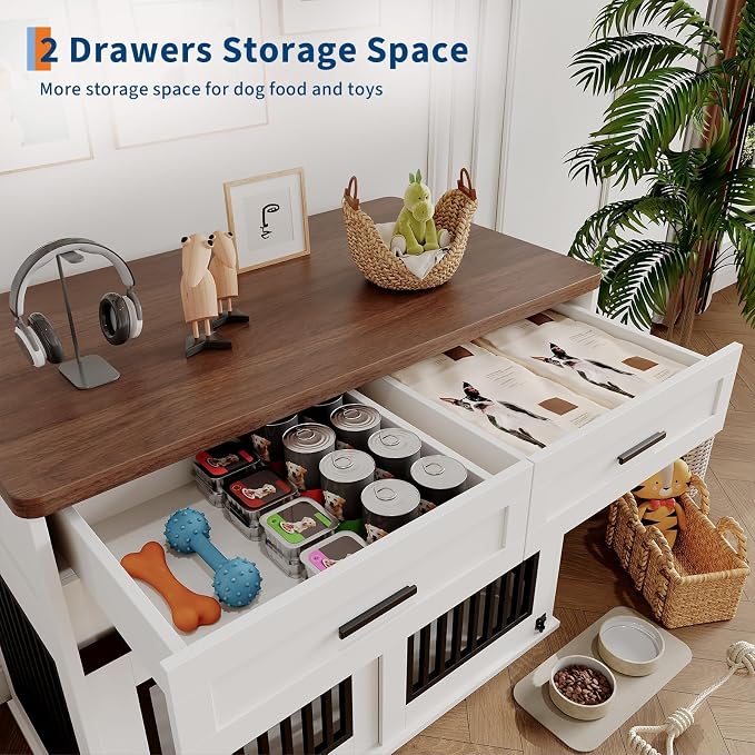 44.5'' Dog Crate Furniture with Hook and Storage Drawer, Wooden Dog Kennel with Sliding Barn Door Indoor Furniture Style Dog Crates End Table for Medium/Small Dogs (White)