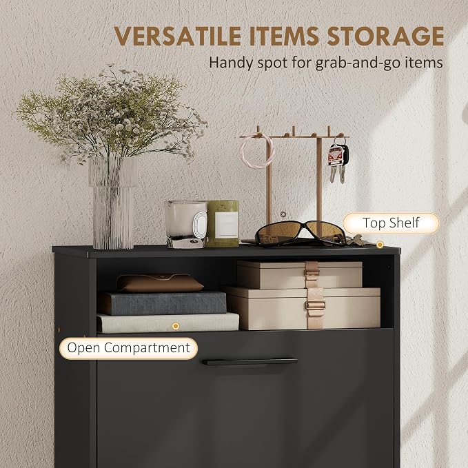 HOMCOM Shoe Cabinet with 2 Flip Drawers, Open Shelf, up to 12 Pairs, Black | Narrow Storage Cabinet, Adjustable Dividers, Entryway Shoe Storage Unit, for Hallway
