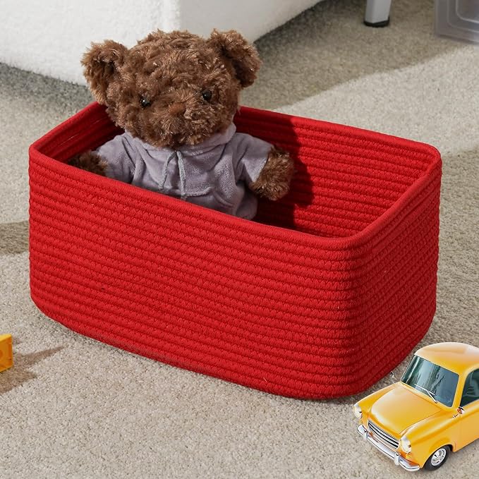 3 Pack Storage Baskets for Organizing, 13.7×9.5×6.3", Red | Woven Baskets for Shelves, Cotton Rope Basket for Gifts Empty, Closet Organizer Bins with Handles, Cube Decorative Box
