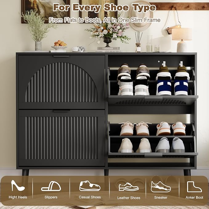 Shoe Storage Cabinet with 4 Flip Drawers, Narrow Wood Shoe Organizer Cabinet with Fluted Panel, Slim Shoe Rack for Entryway, Freestanding Shoe Cabinet for Living Room, Hallway, Black