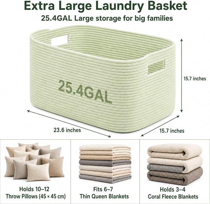 25.4GAL Collapsible Cotton Rope Extra Large Storage Basket For Bedroom Closet, Boho Rectangular Short Hamper Woven Storage Baskets for Living Room Throw Pillows Blankets Dirty Clothes, Sage Green