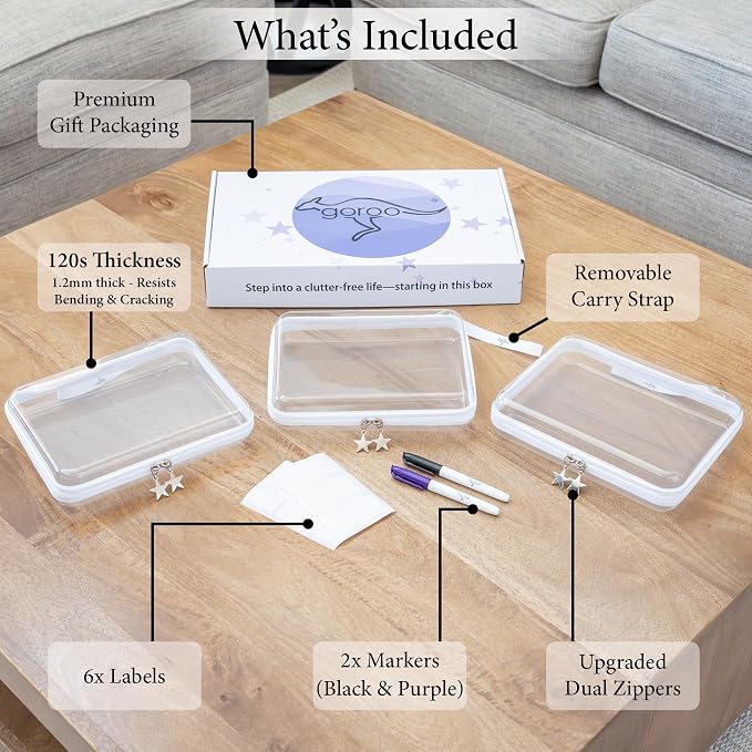 Clear Hard Shell Zipper Case Set (3 Medium), 120s Thick PET Plastic Storage Bags, Dual Zipper Travel Organizer with Star Charms, Removable Strap, Removable Labels & 2 Markers