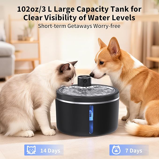 Cat Water Fountain Cordless, 108oz/3L Pet Fountains for Cats Indoor with Stainless Steel Tray, Battery Operated Cat Drinking Fountain with Motion Sensor, Ultra Quiet Pump