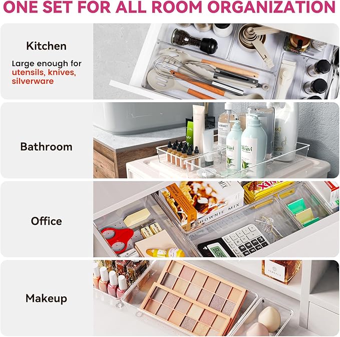 Large Drawer Organizer Bins 26 Pack | Complete 5 Size Clear Plastic Kitchen Drawer Organizers for Utensils | Bathroom Drawer Organizer Trays | Versatile for Makeup Office Organization