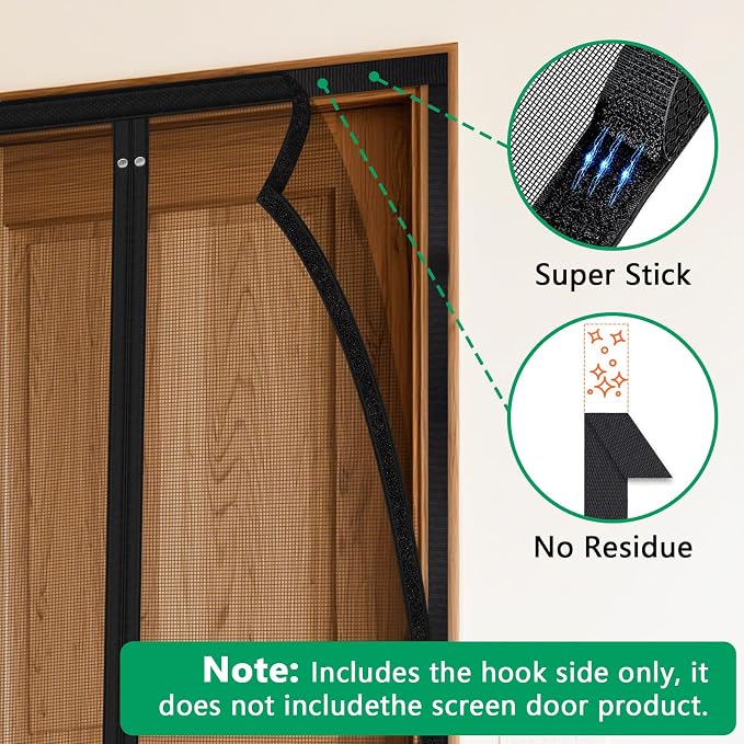 HOFUDON Replacement Hook Side Tape for Magnetic Screen Door, Acrylic Adhesive, 1.6” & 0.8” Wide Black, Length 5.1 m and 1.2 m