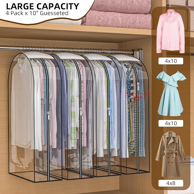 Clear Garment Bags for Hanging Clothes, 4-Pack, 50" | Upgraded thickened clear garment bags with 10" gusset for closet storage of shirts, coats, dresses