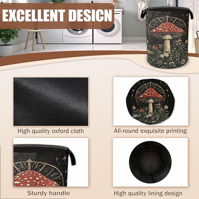 Laundry Basket Vintage Mushroom,Collapsible Waterproof Oxford Cloth with Handles,Celestial Forest Laundry Hamper Clothes Storage Bucket Toy Organizer for Bathroom/Nursery/Bedroom 16" x 20.8"