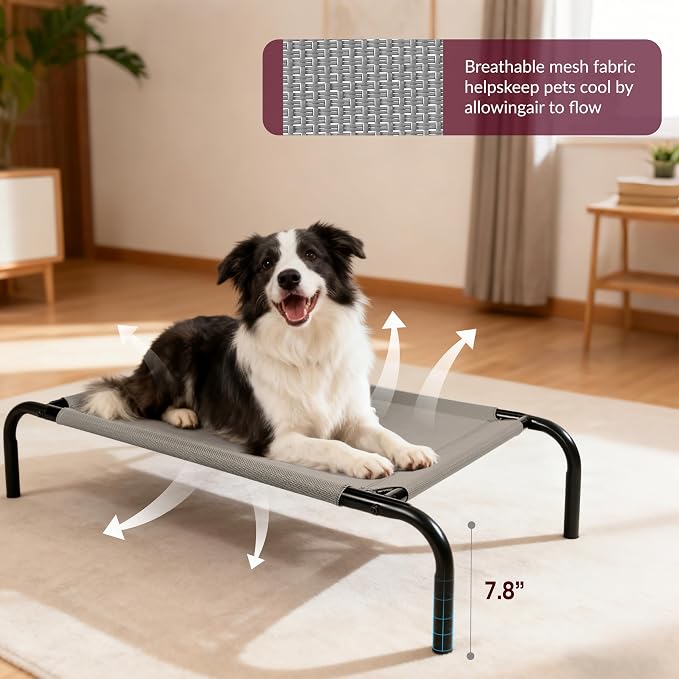 Elevated Dog Bed with Breathable Mesh Fabric, Raised Pet Cot with Airflow and Support, Durable and Easy to Clean (Grey, Small)
