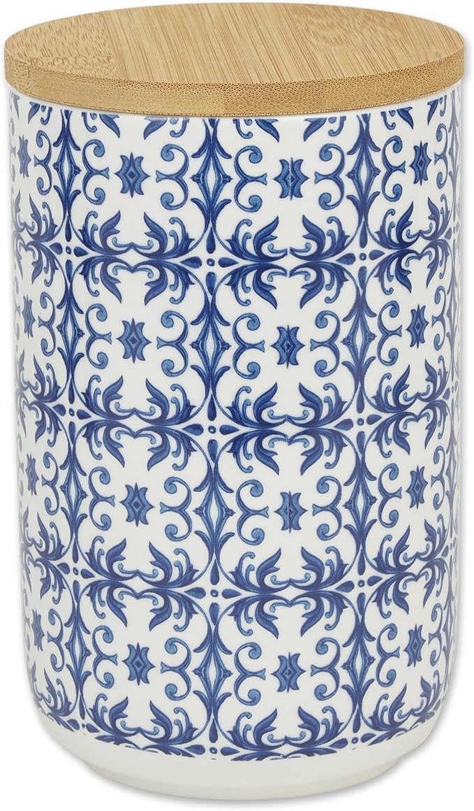 Bone Dry Ceramic Pet Treat Canister with Bamboo Lid, Dishwasher Safe, Countertop Storage, Keep Dog & Cat Treats Safe & Dry, 4x6.5", Blue Tile