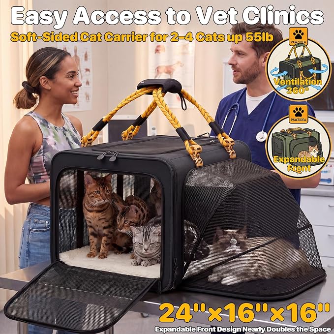 PAWZIDEA Expandable Large Pet Carrier with Wheels, 24x16x16 in Rolling Cat Carrier for 2–4 Cats up 55lb, Soft-Sided Collapsible Small Medium Dog Crate for Car Travel, Telescopic Handle, Storage Pocket