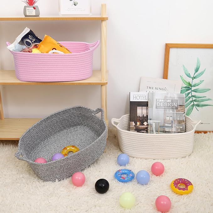 ABenkle Small Storage Basket with Handles, Cotton Rope Woven Dog Cat Toy Bin, Decorative Shelves Closet Organizing for Nursery Laundry Bedroom Bathroom, 14.2''x 11''x 5.1''