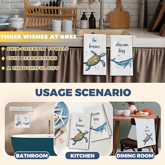 Kitchen Towels Set of 2, Nautical Sea Turtle Whale Dish Towel for Kitchen, Beach Coastal Decorative Hand Towels for Bathroom, Fast Drying Tea Towel, Housewarming Gifts for Women Mom -B11