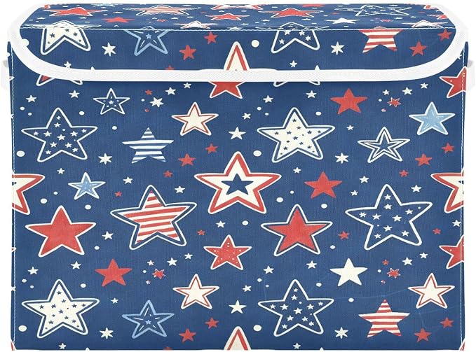 July 4th Patriotic Storage Bins with Lids Large Stars and Stripes Storage Basket with Handles Foldable Fabric Storage Box Organizer for Clothes Closet Cabinet Home Office Bedroom