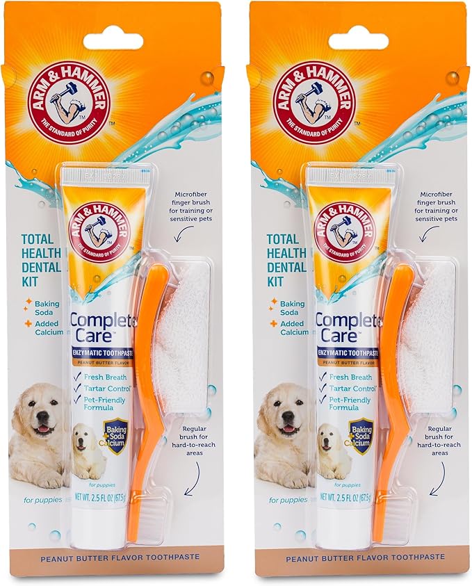 Arm & Hammer Complete Care Puppy Dental Kit, Enzymatic Toothpaste with Baking Soda and Calcium for Dogs, Peanut Butter Flavor, Toothbrush and Microfiber Brush Included, Fluoride-Free, 2.5 Oz - 2 Pack