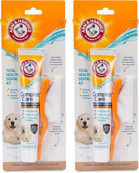 Arm & Hammer Complete Care Puppy Dental Kit, Enzymatic Toothpaste with Baking Soda and Calcium for Dogs, Peanut Butter Flavor, Toothbrush and Microfiber Brush Included, Fluoride-Free, 2.5 Oz - 2 Pack