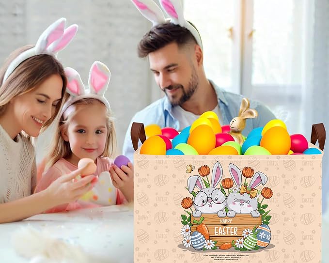 Large Rectangular Easter Baskets Empty Waterproof Boy Toy Box Foldable Kid's Gifts Storage Bin Spring Room Decor(Boy Girl Cute Rabbit)
