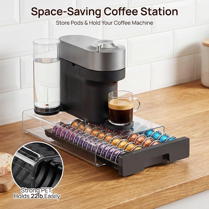 Vtopmart Coffee Pod Drawer Organizer for Nespresso Vertuo Pods | Holds 40 Large or 60 Small Capsules，Clear Acrylic Design, Visible Pod Inventory, Durable & Anti-Slip Drawer