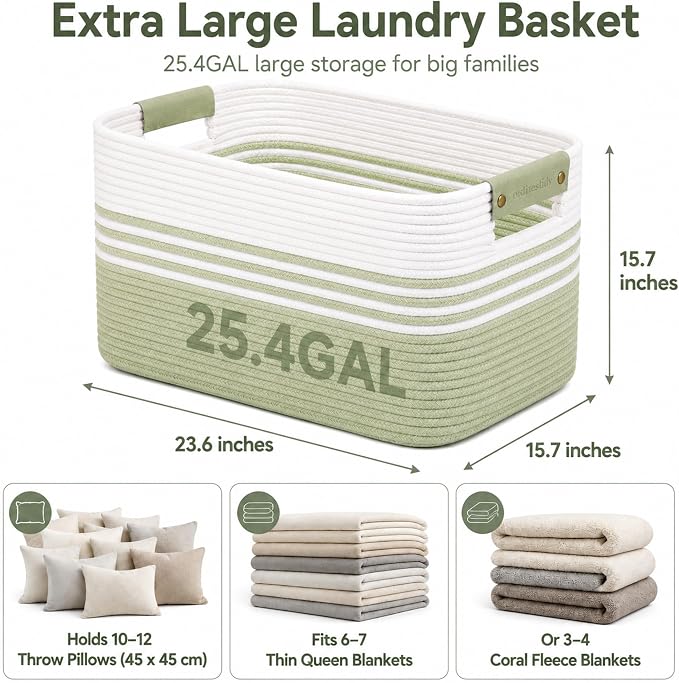 25.4GAL Collapsible Cotton Rope Extra Large Storage Basket For Bedroom Closet, Boho Rectangular Short Hamper Woven Storage Baskets for Living Room Throw Pillows Blankets Dirty Clothes, White Green