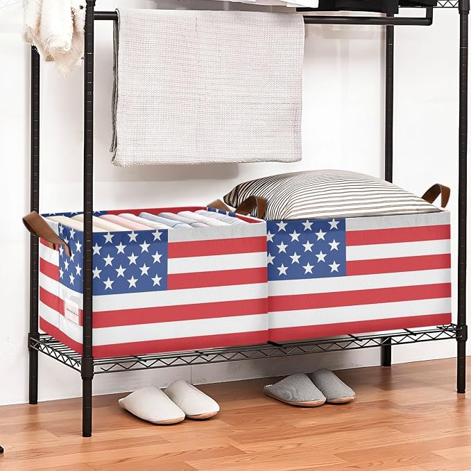 Red White and Blue American Flag Storage Basket Foldable Cube Storage Bins with Handles&Label Waterproof Organizer Box Bin Large Rectangle Decorative Baskets for Shelves Home Room Laundry, 2 Pack