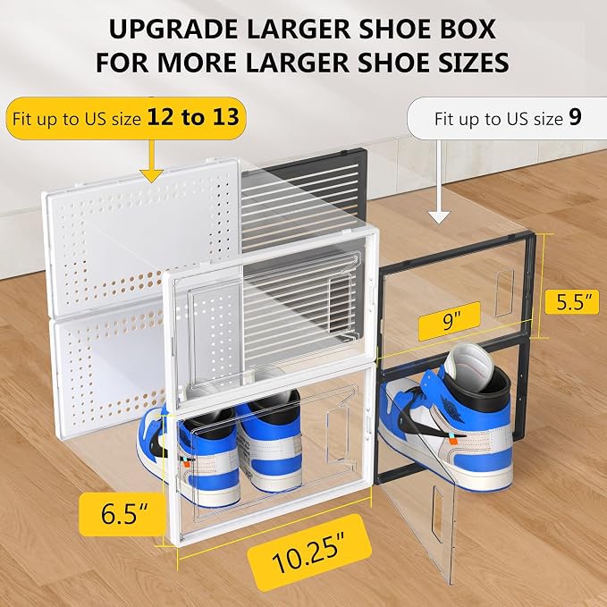 12 Pack XX-Large Stackable Clear Plastic Shoe Storage Box Organizer, White | Easy to Assemble and Stack, Fit Size 11, Ventilated Dust-Proof, For Sneaker, Closet, Entryway, Under Bed, Replace Shoe Rack