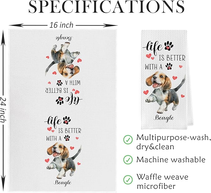 Beagle Dish Towels - Funny Waffle Weave Kitchen Hand Towels, Tea Towels, Gifts for Women (1624 Inches Set of 2)
