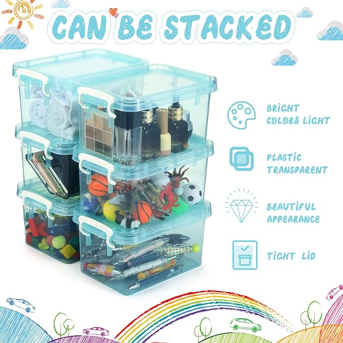 6 Pack Colorful Plastic Storage Bins with Lids 4 Quart Small Storage Latch Box Stackable and Nestable Clear Organizer Bins with Latching Handle and Buckle for Organizing(Cyan)