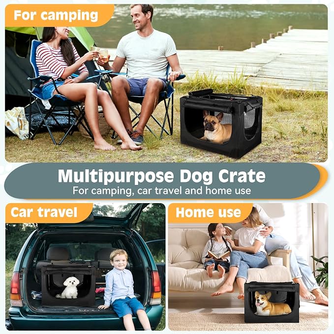 24 inch Small Dog Crate - for Small Dogs, Portable Travel Pet Crate with 4 Mesh Doors, Foldable Car Kennel for Puppy with Handle for Indoor and Outdoor, Black