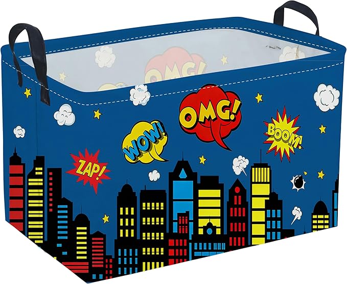 Sanjiaofeng Rectangular Blue City Hero Skyline Basket,Baby Storage Bins with Handles,Comics Hero Kid Basket,Building Silhouettes Storage Bin,Room Decor(Building)