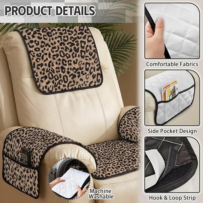 Leopard Print Recliner Chair Covers Non Slip 4 Piece Stylish | Cheetah Quilted Recliner Chair Protectors Slipcover with Side Pockets,Washable Furniture Covers for Recliners And Armchairs