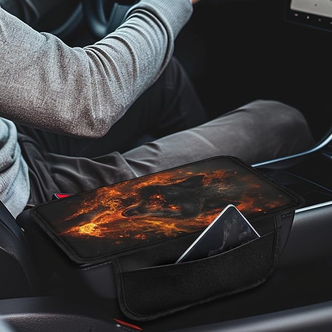 Howilath Flame Wolf Car Center Console Cover Universal Fit Armrest Cushion | Anti-Slip Backing, Protects from Scratches and Stains, Fits Most Cars and Trucks