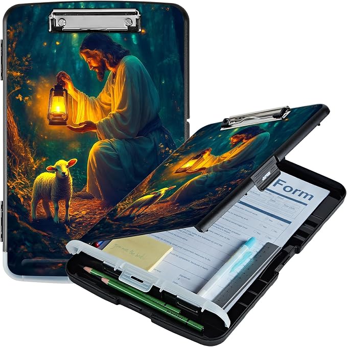 A4 Clipboard with Storage Pen Holder, Clipboards Organizer Nursing Clipboard Foldable File Folder Plastic Clipboard Folio Clip Board for Office Work Classroom Doctor, Man Sheep Forest