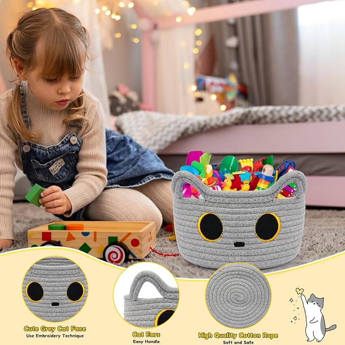 Small Storage Basket, Cat Basket Woven Cotton Rope Basket for Nursery | Baby Blanket Organizer with Handles for Toys,Towels,Clothes, Baby Storage for Gifts Cat Dog Bin Toys 8.5×4.5 inches,Grey