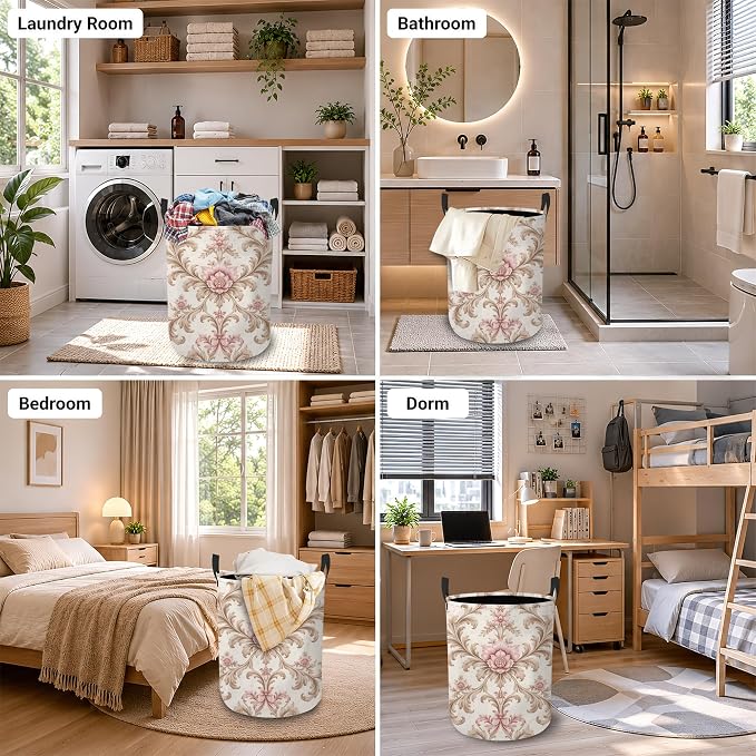 Vintage Floral Laundry Basket, Damask Leaves Collapsible Laundry Hamper Waterproof Oxford Cloth With Handles, Clothes Storage Bucket For Bathroom/Bedroom 16" x 20.8"