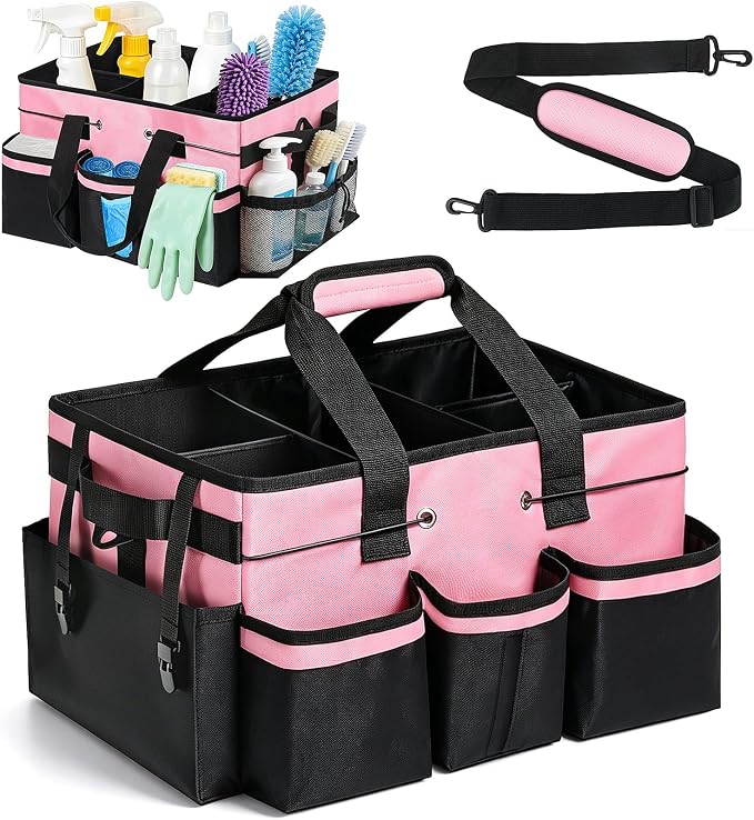 Wearable Large Cleaning Caddy Bag with Dividers, Household Cleaning Caddy for Cleaning Supplies Organizer Car Wash, Cleaner Tote Detailing Bag with Shoulder Strap and Handles for Housekeeper Storage
