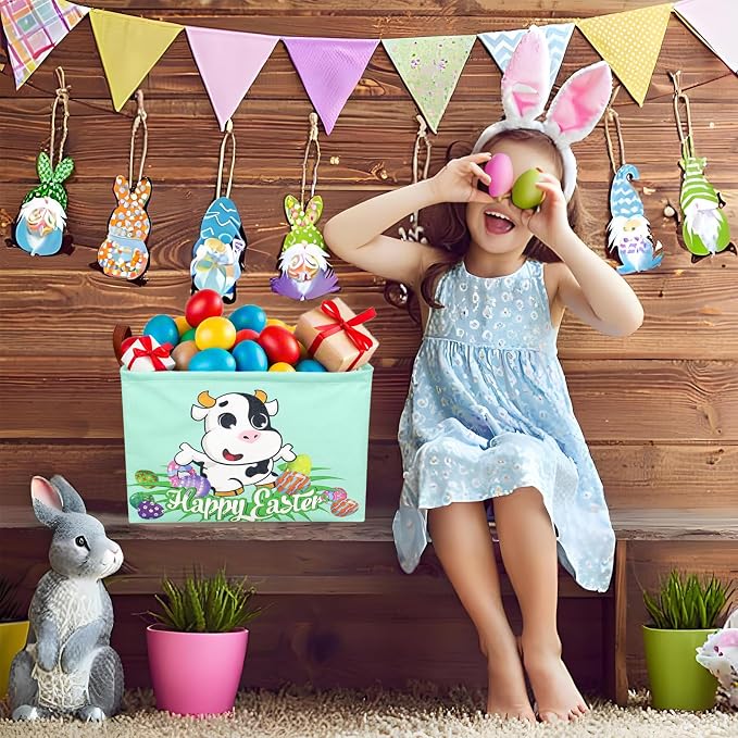 Cow Easter Basket for Kid Large Empty Baby Rectangular Cute Easter Gift Storage Basket Bunny Eggs Décor (Cow)