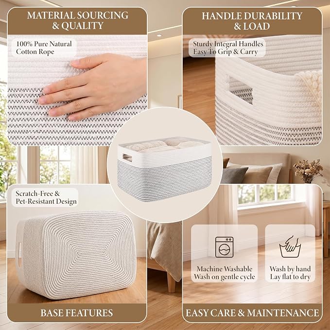75L Large Cotton Rope Basket, Soft Toy Storage Bin for Nursery & Living Room, Decorative Blanket Basket for Bedroom, Baby-Safe Organizer for Pillows &Laundry, 22''×17''×12'', Black & White