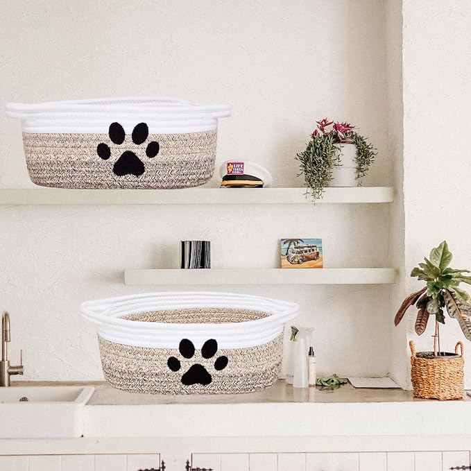 ABenkle Small Woven Basket with Handle, Cute Dog Paw Baskets for Gifts Empty, Decorative Rope Woven Storage Dog Toy Basket, Nursery Baskets for Baby Shower, 12" x 8" x 5"