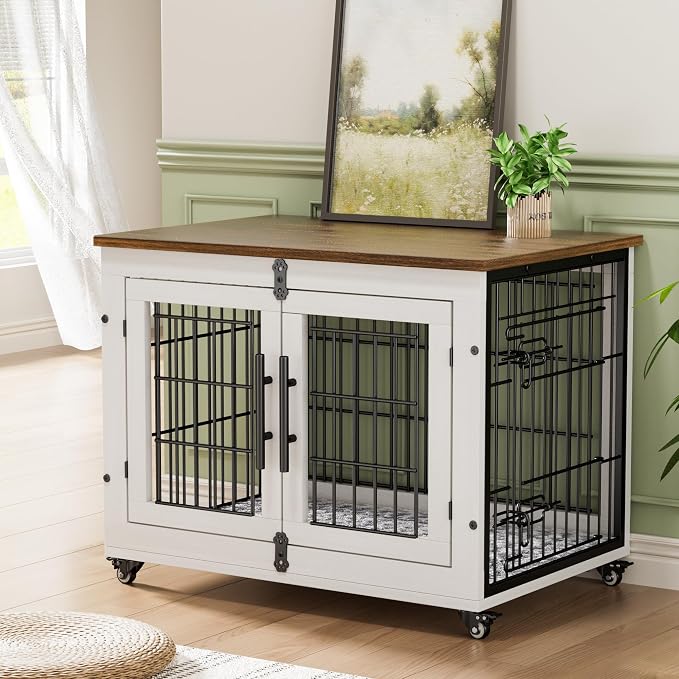 2 Pack Dog Crate Furniture,32'' Heavy Duty Kennel with Cushion & Wheels | White, Double Doors, Wooden Dog Cage, Chew-Resistant, End Table, Decorative, 27"/32"/38"/44" Options, Indoor