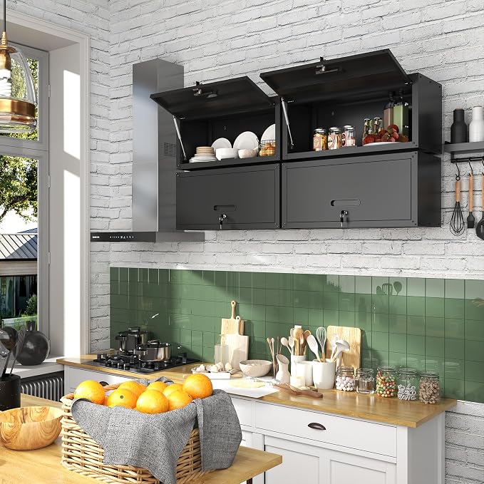 Metal Wall Mounted Cabinet with Up-flip Door,Black Steel Cabinets | Heavy Duty Tool Storage Cabinets for Garage,Kitchen,Warehouse,Office,Assembly Required