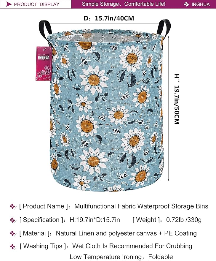 Sunflower Fabric Storage Bin Nursery Organizer Baske | Organizer Bin Dirty Clothes Collapsible Waterproof for College Dorms, Boys and Girls Bedroom,Bathroom