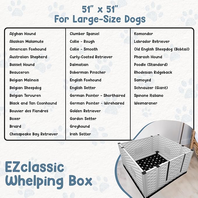 EZclassic Dog Whelping Box - Washable Pee Pad, Large 48"x48"x28" | Tall 48x48x28 breeder whelping box with high walls, durable customizable panels, quick setup, and easy cleaning