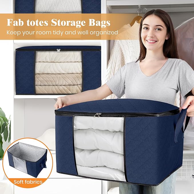 6 Pack Storage Bags for Clothes Blanket Storage Bins with Lids | Foldable Closet Organizers with Zippers,Window and Handles,Fabric Storage Bins for Sweater,Comforter,Bedding,Dorm essentials