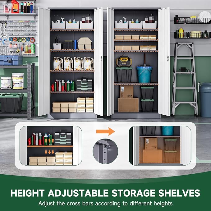 Metal Garage Storage Cabinets with Lock Door and Adjustable Shelves, Steel Tool Cabinets for Home,Office,Warehouse Organisieren (Gery White, 71" H)