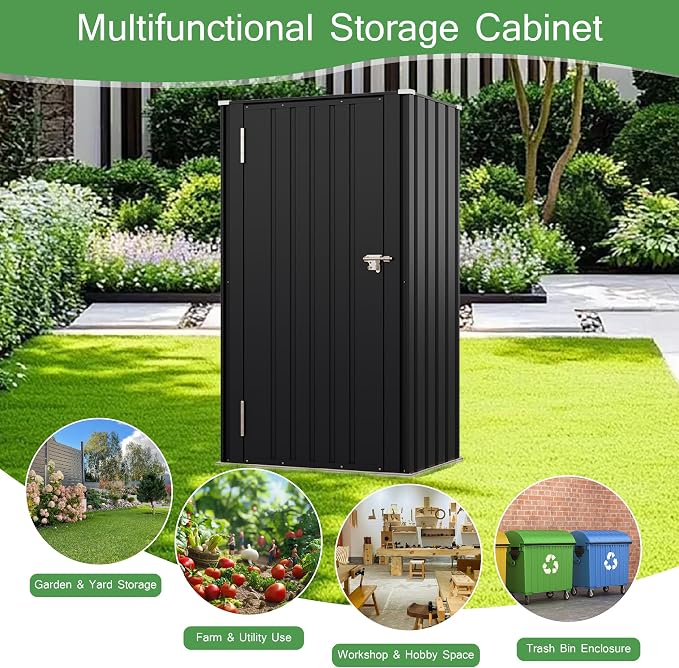 Devoko 22 Cuft Vertical Storage Shed Without Adjustable Shelves, Black | Metal Tool Garden Outdoor Storage Cabinet with Lockable Door for Patio Garden Backyard, Black